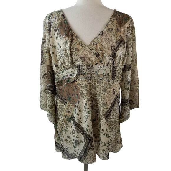 DressBarn Brown Cream Green Floral V Neck Boho Sheer Overlay 3/4 Sleeve Top XL - Picture 1 of 5